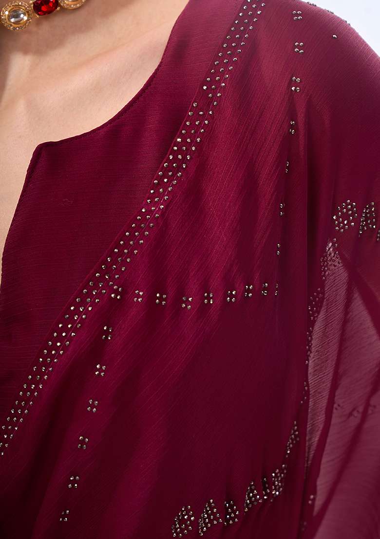 Maroon Mukaish Work Pure Chiffon Saree - Indya