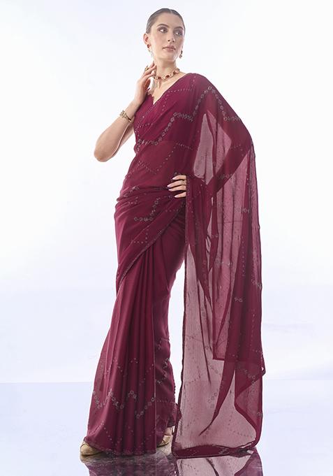 Maroon Mukaish Work Pure Chiffon Saree