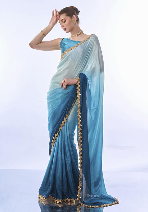 Ombre Blue Sequin Embellished Organza Saree