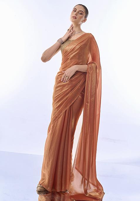 Metallic Brown Sequin Embellished Tissue Organza Saree