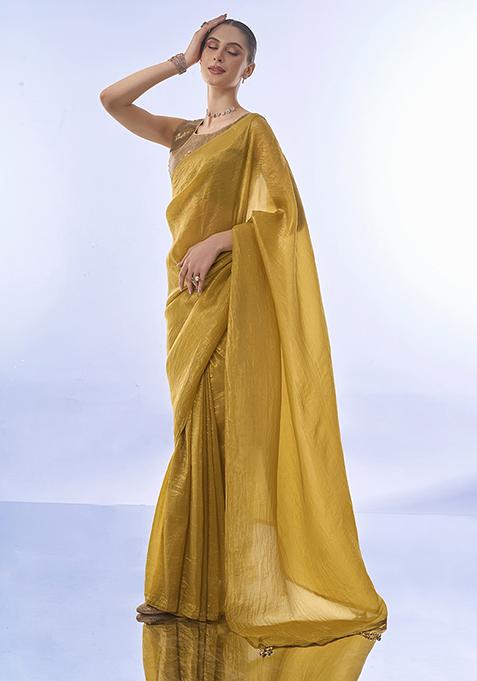 Mustard Sequin Embellished Tissue Organza Saree