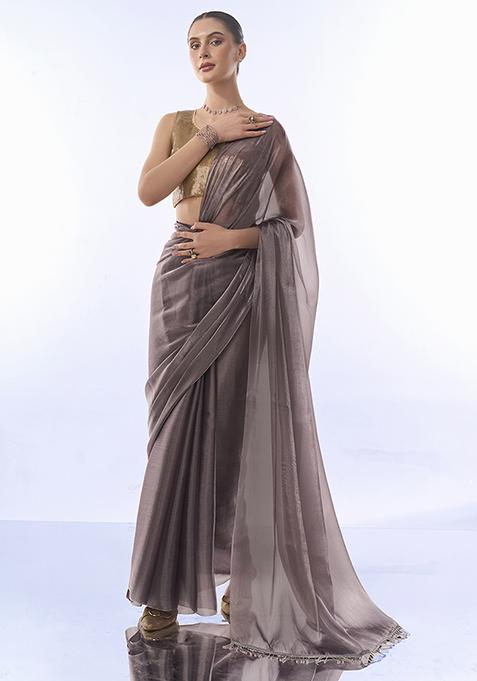 Metallic Grey Sequin Embellished Tissue Organza Saree