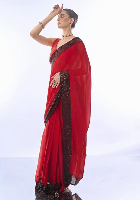 Red Sequin Embellished Pure Chiffon Saree