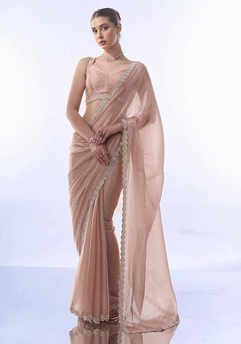 Pink Bead Stone Embellished Organza Saree