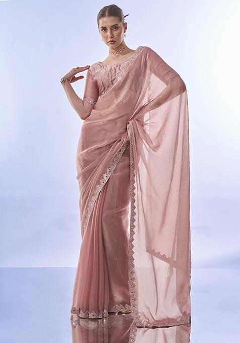 Pink Bead Stone Embellished Pure Organza Saree