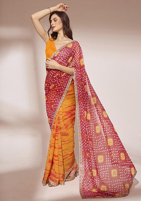 Orange Bandhani Print Georgette Saree