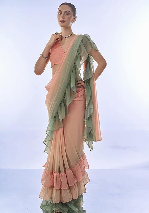 Peach Ruffled Pre-Stitched Pure Chiffon Saree