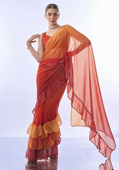 Red Ombre Ruffled Pre-Stitched Pure Chiffon Saree