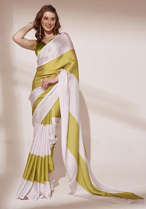 Neon Green Striped Pre-Stitched Saree