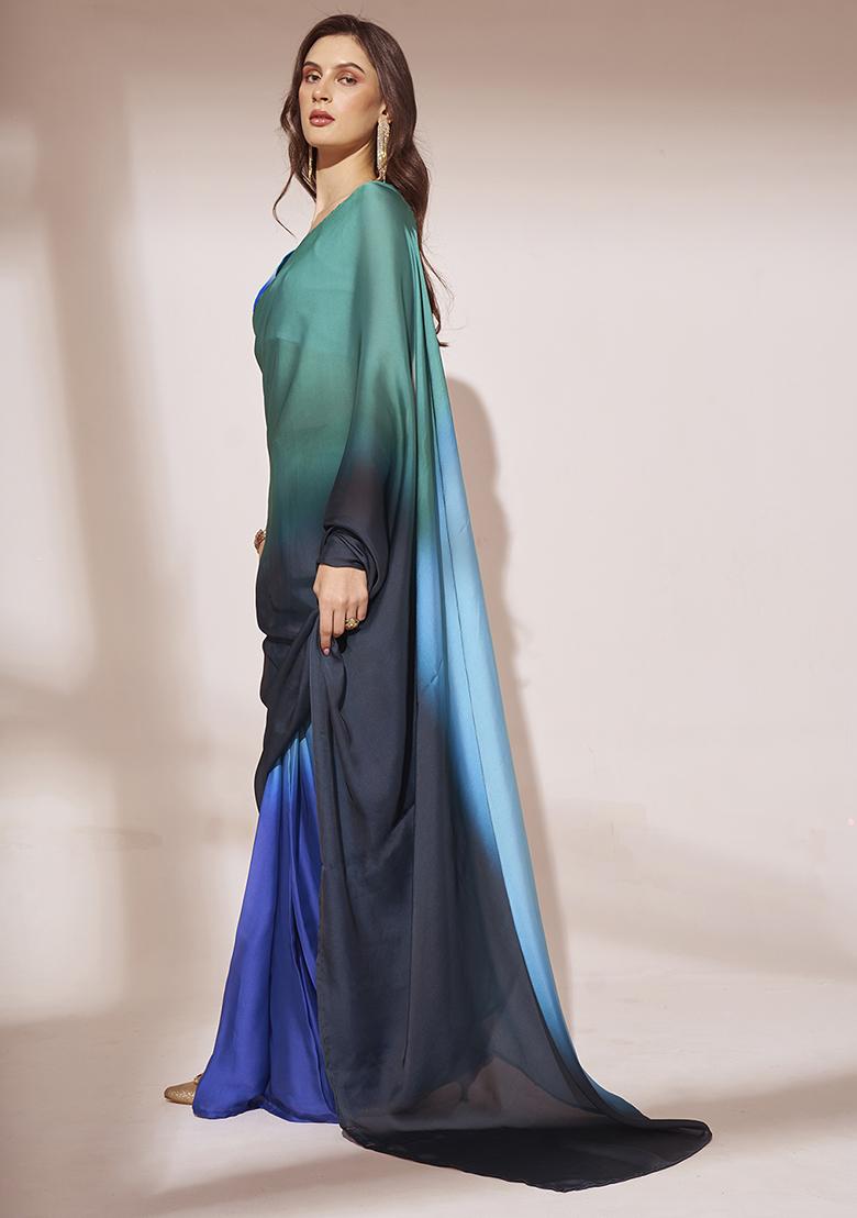 Ombre Blue Color Block Pre-Stitched Saree