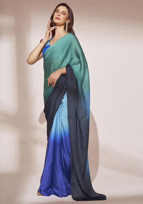 Ombre Blue Color Block Pre-Stitched Saree