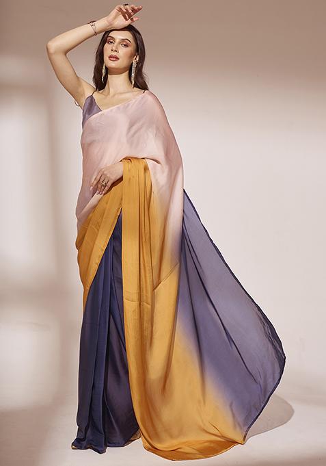 Blue Ombre Color Block Pre-Stitched Saree