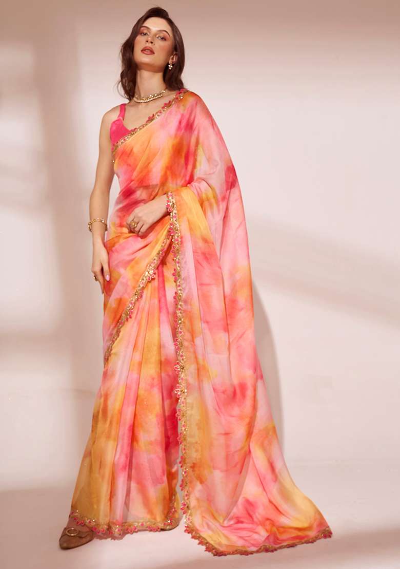 Multicolor Printed Sequin Embellished Organza Saree - Indya