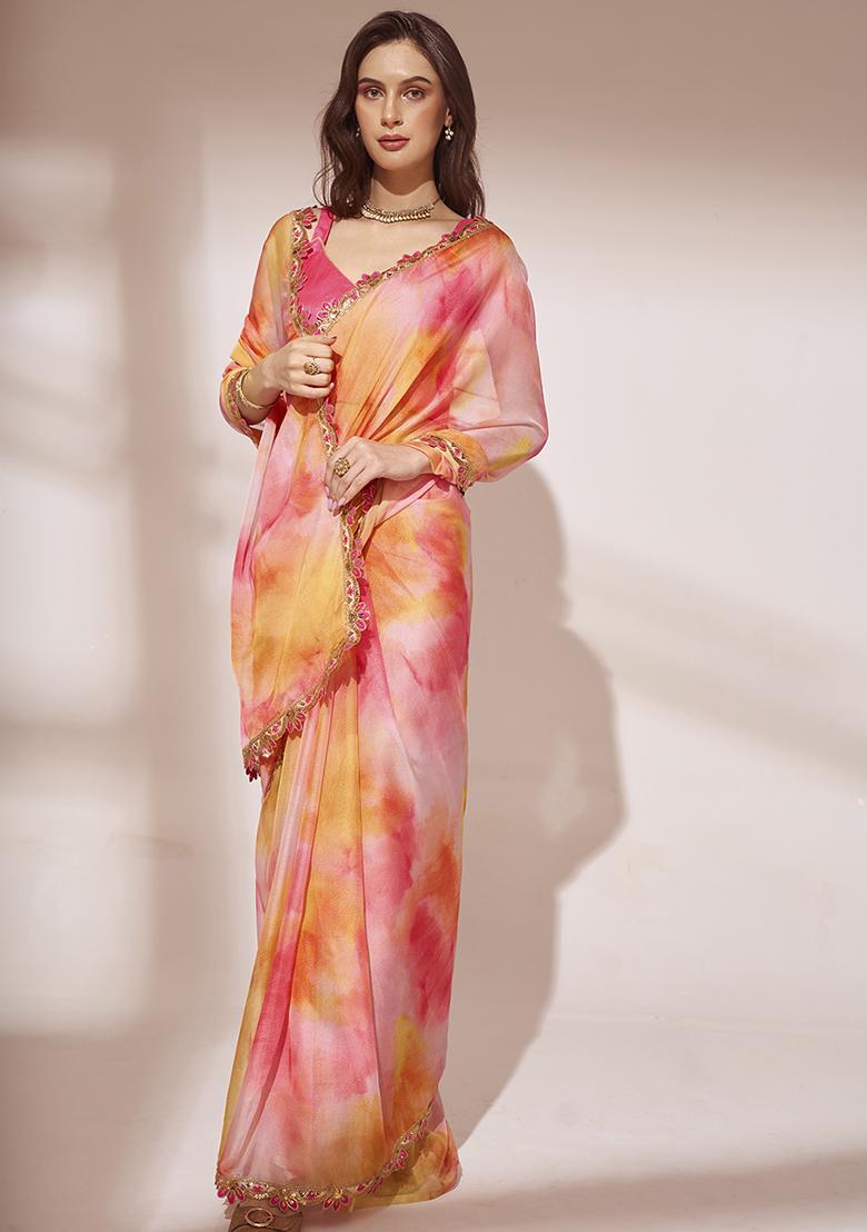 Multicolor Printed Sequin Embellished Organza Saree