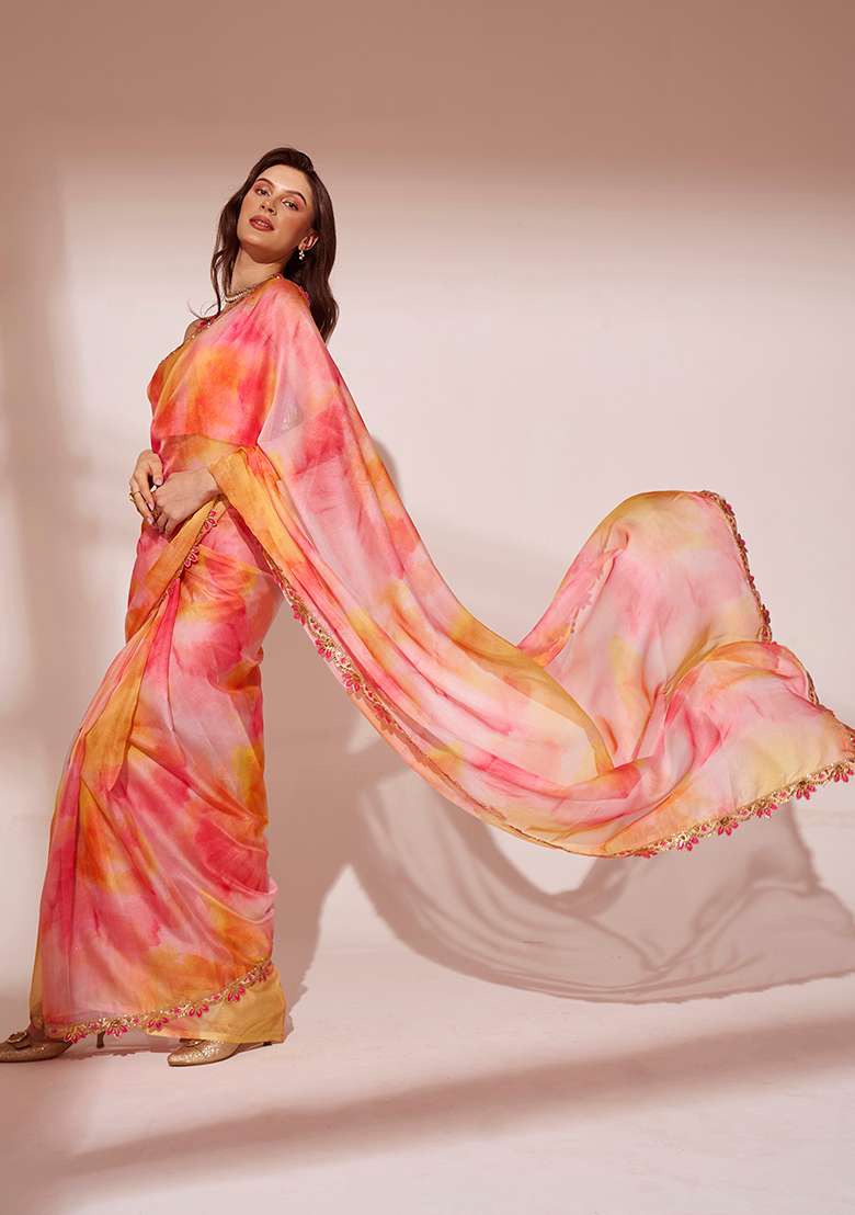 Multicolor Printed Sequin Embellished Organza Saree - Indya