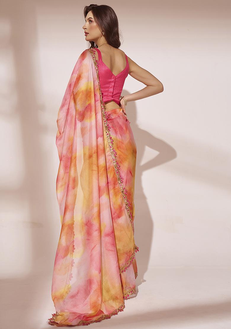 Multicolor Printed Sequin Embellished Organza Saree