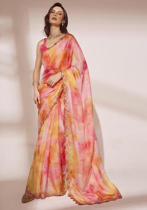 Multicolor Printed Sequin Embellished Organza Saree