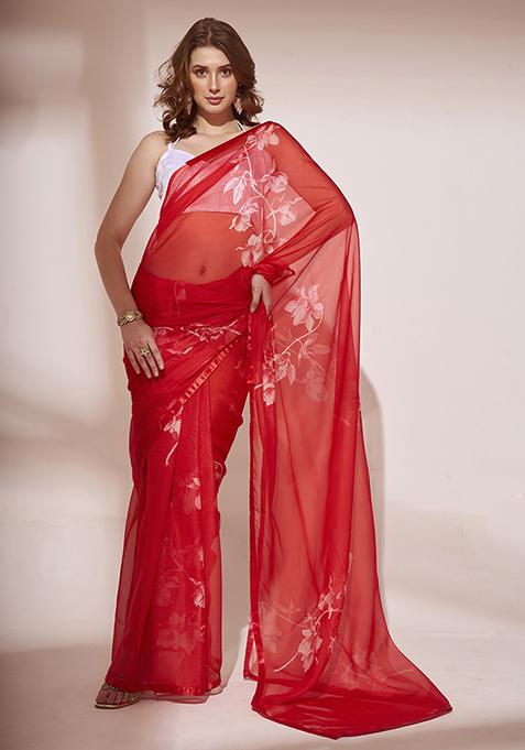 Red Floral Print Organza Saree