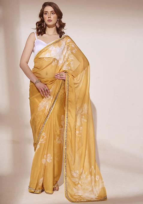 Yellow Floral Print Sequin Embellished Organza Saree