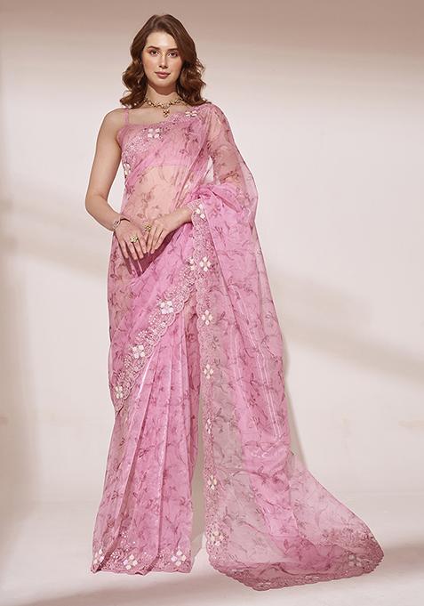 Pink Floral Sequin Embellished Organza Saree