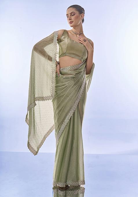 Sea Green Bead Stone Embellished Pure Chiffon Saree