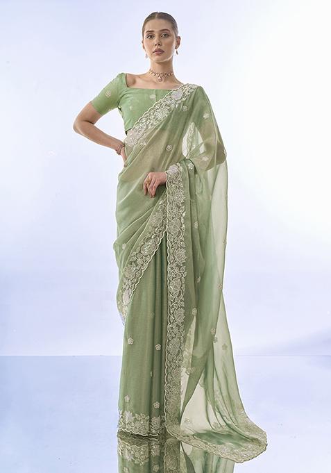 Sea Green Thread Sequin Embroidered Pure Chiffon Saree