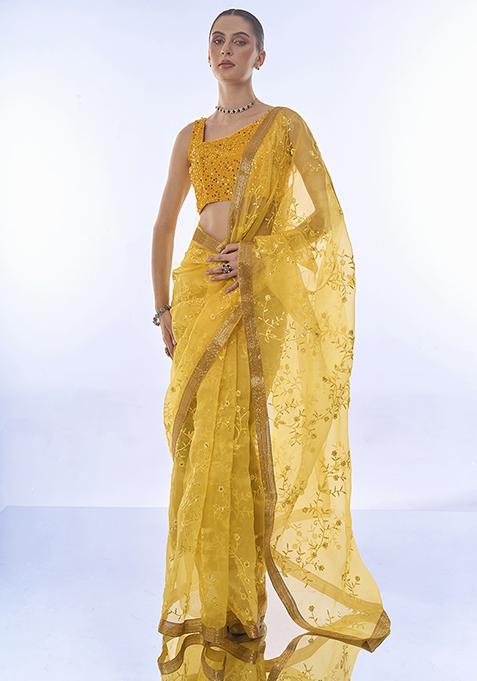 Yellow Thread Sequin Embroidered Organza Saree