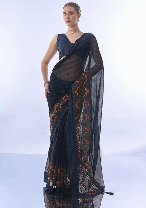 Teal Thread Sequin Embroidered Pure Chiffon Saree