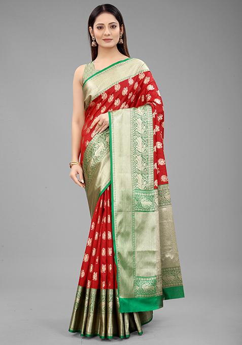 Red Zari Embroidered Kanjivaram Silk Saree Set