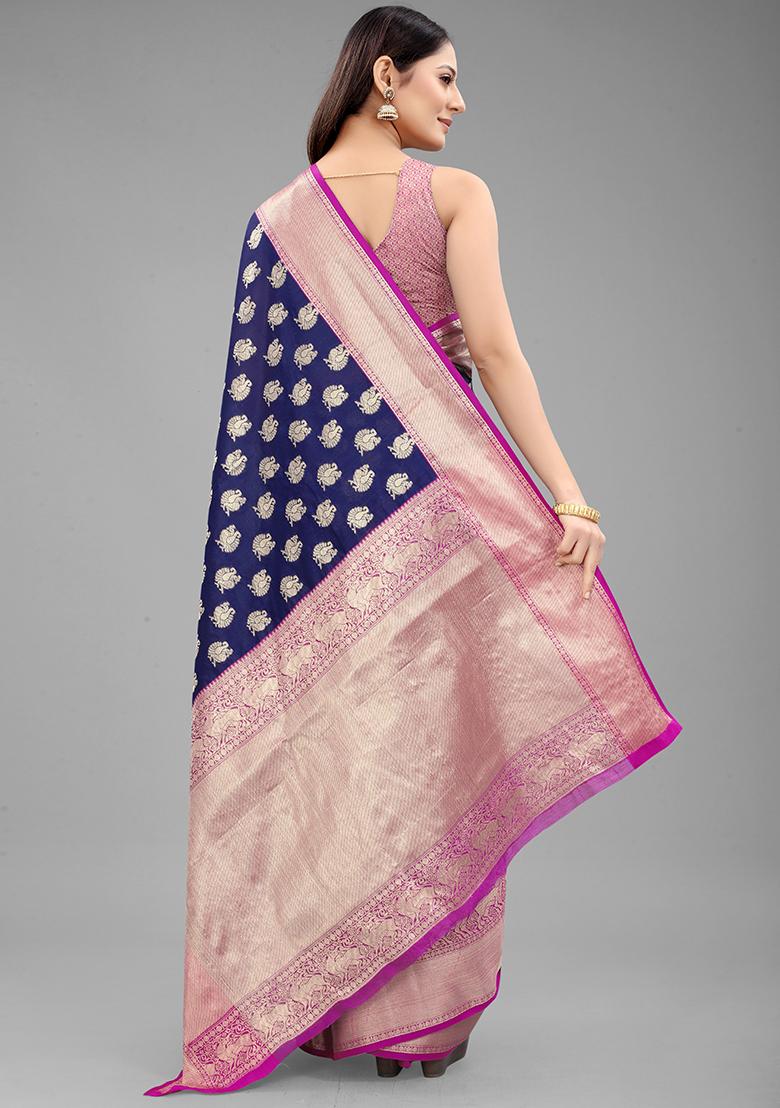 Blue Zari Embroidered Kanjivaram Silk Saree Set - Indya