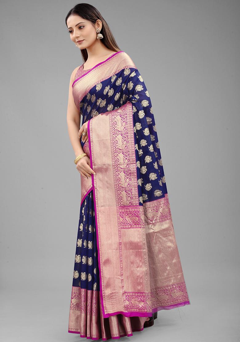 Blue Zari Embroidered Kanjivaram Silk Saree Set
