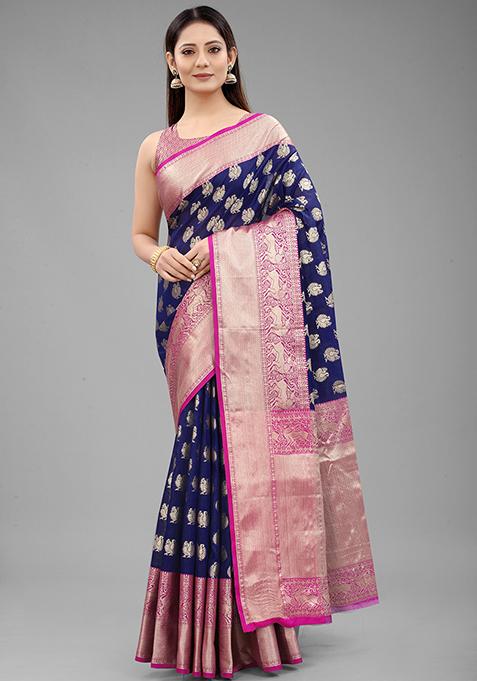 Blue Zari Embroidered Kanjivaram Silk Saree Set