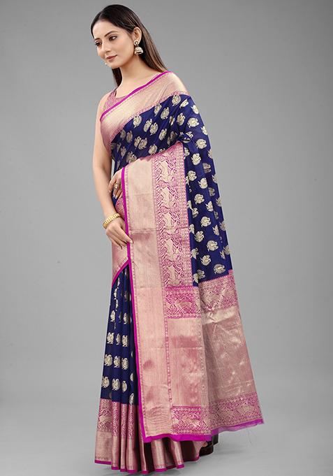 Blue Zari Embroidered Kanjivaram Silk Saree Set