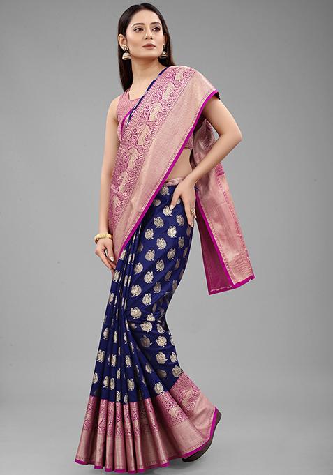 Blue Zari Embroidered Kanjivaram Silk Saree Set