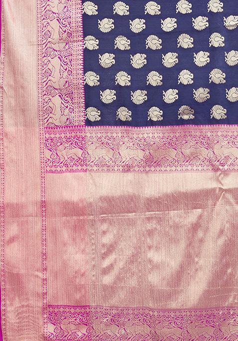 Blue Zari Embroidered Kanjivaram Silk Saree Set