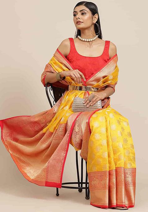 Yellow Zari Embroidered Kanjivaram Silk Saree Set