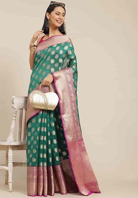 Turquoise Zari Embroidered Kanjivaram Silk Saree Set