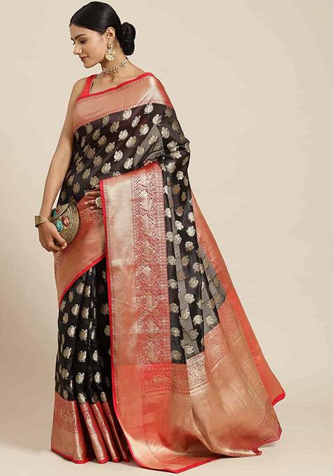 Black Zari Embroidered Kanjivaram Silk Saree Set