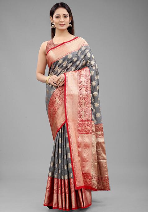 Grey Zari Embroidered Kanjivaram Silk Saree Set