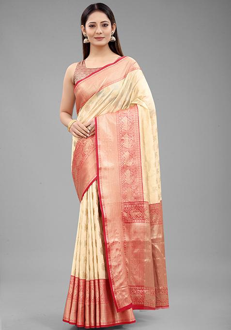 White Zari Embroidered Kanjivaram Silk Saree Set