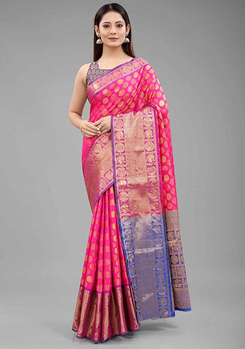 Pink Zari Embroidered Banarasi Silk Saree Set