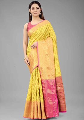 Yellow Zari Embroidered Banarasi Silk Saree Set