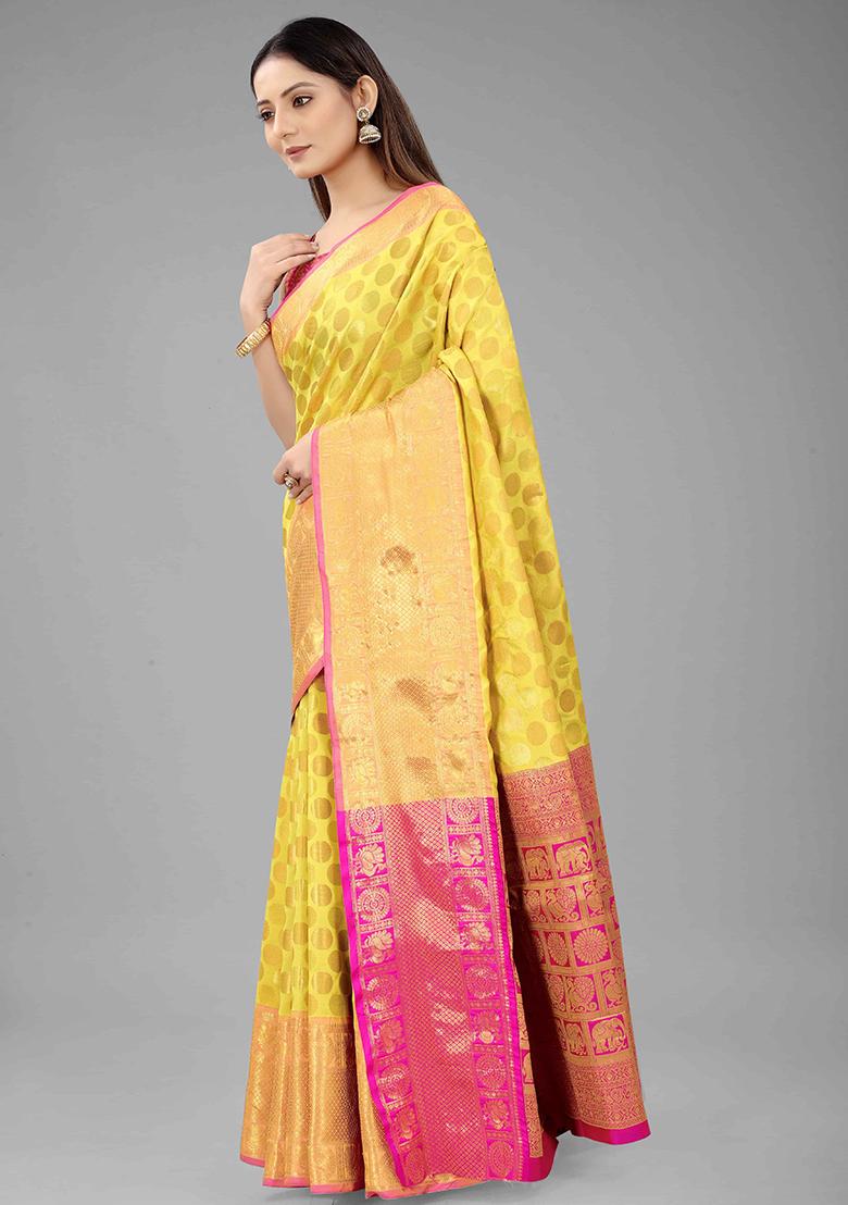 Yellow Zari Embroidered Banarasi Silk Saree Set