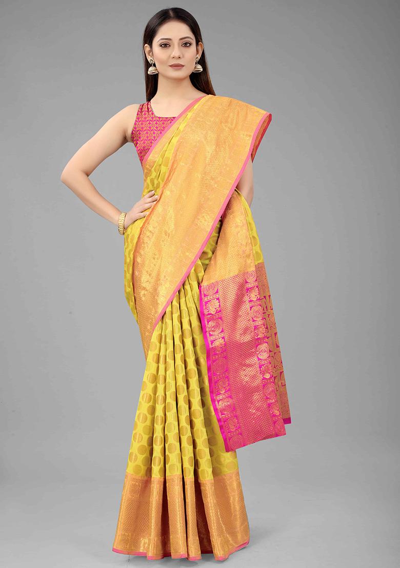 Yellow Zari Embroidered Banarasi Silk Saree Set