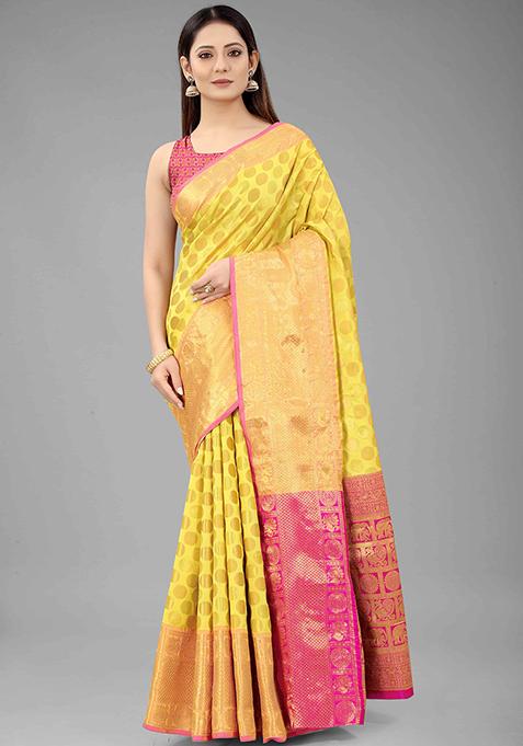 Yellow Zari Embroidered Banarasi Silk Saree Set