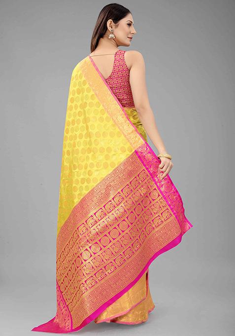Yellow Zari Embroidered Banarasi Silk Saree Set