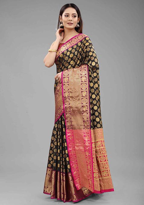 Black Zari Embroidered Banarasi Silk Saree Set