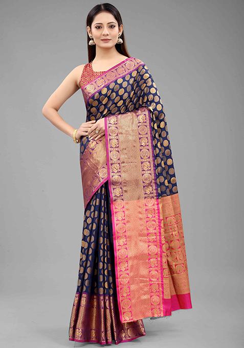 Navy Blue Zari Embroidered Banarasi Silk Saree Set