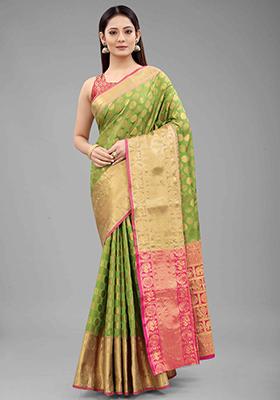 Green Zari Embroidered Banarasi Silk Saree Set