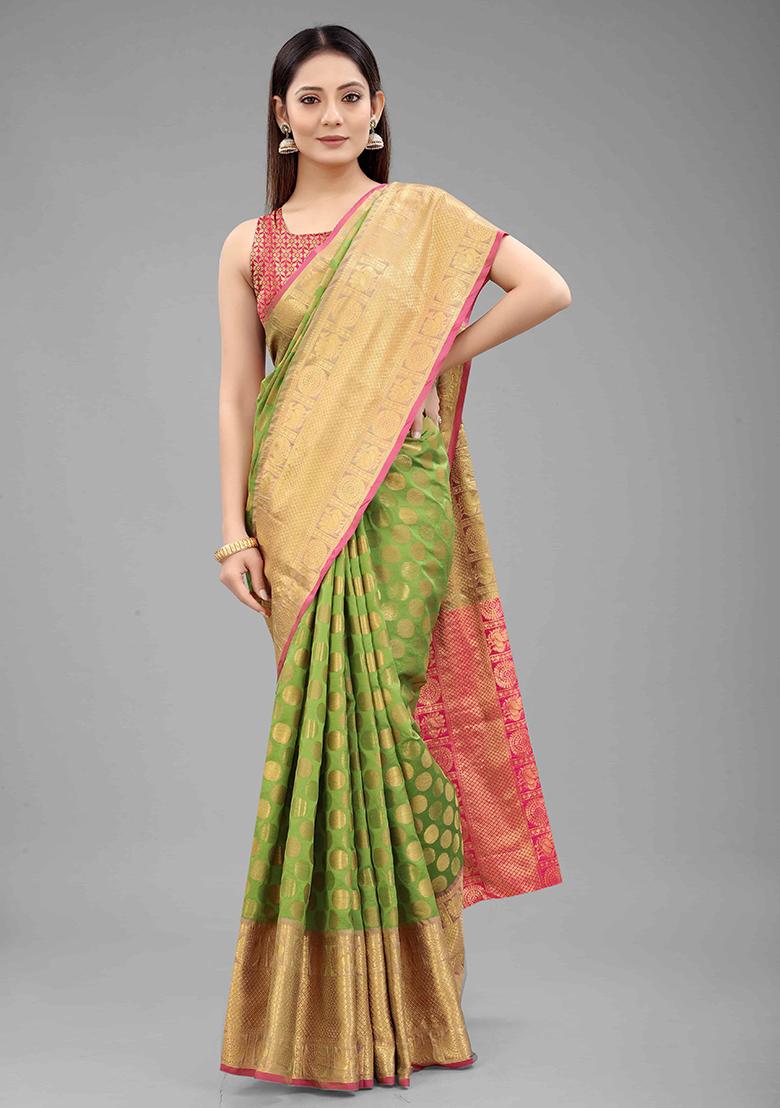 Green Zari Embroidered Banarasi Silk Saree Set - Indya